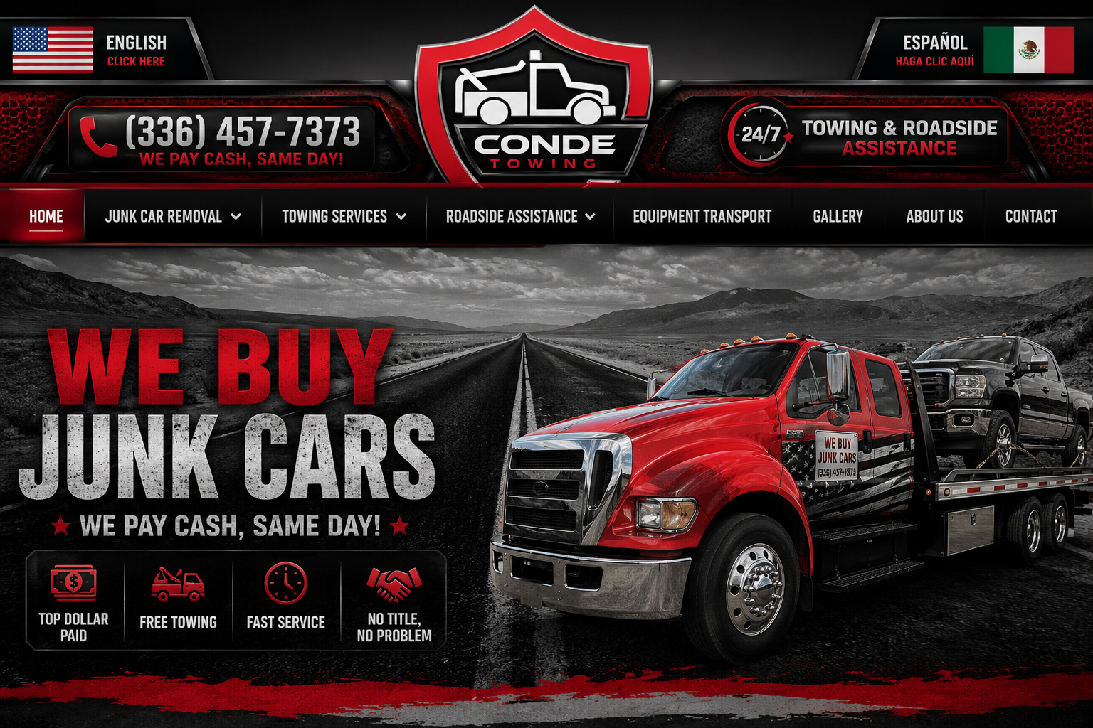 Conde Towing banner with English and Spanish language panels, phone number, services and navigation